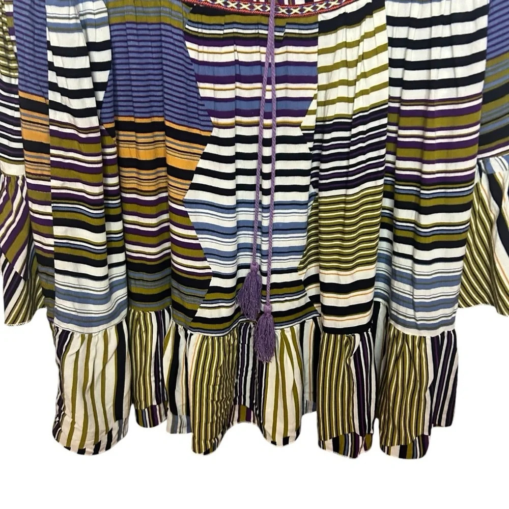 Velzera Boho Striped Tunic Top Small Ruffle Hem Tassel Tie - Picture 6 of 11
